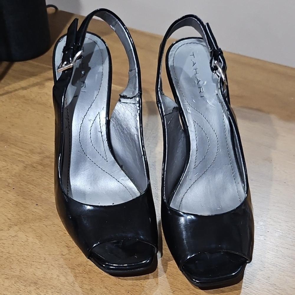 Tahari Black Patent Leather Slingback Heels